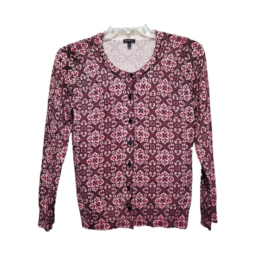 Talbots Cotton Blend Medallion Print Shimmer Button-Up Cardigan Sweater Size L